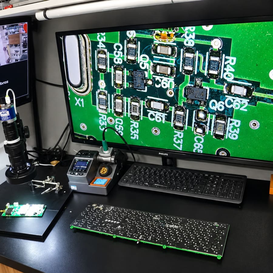 Bancada com microscópio e placa eletrônica ampliada no monitor