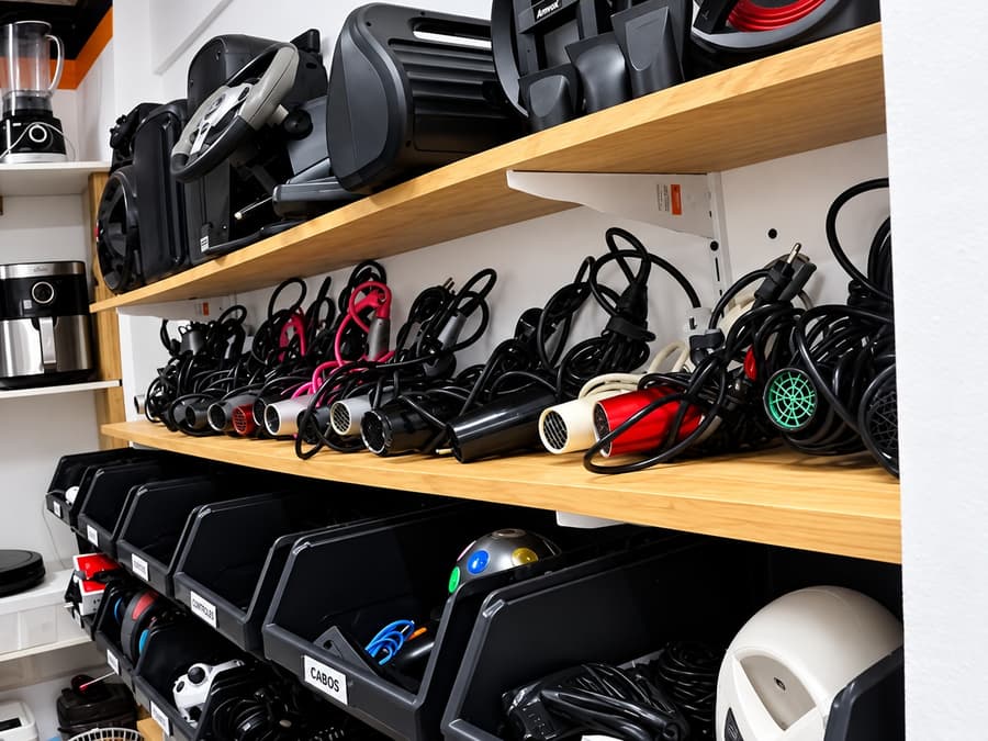 Prateleiras organizadas com equipamentos e cabos