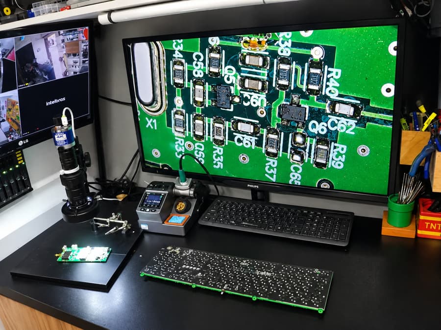 Bancada com microscópio e placa eletrônica ampliada no monitor